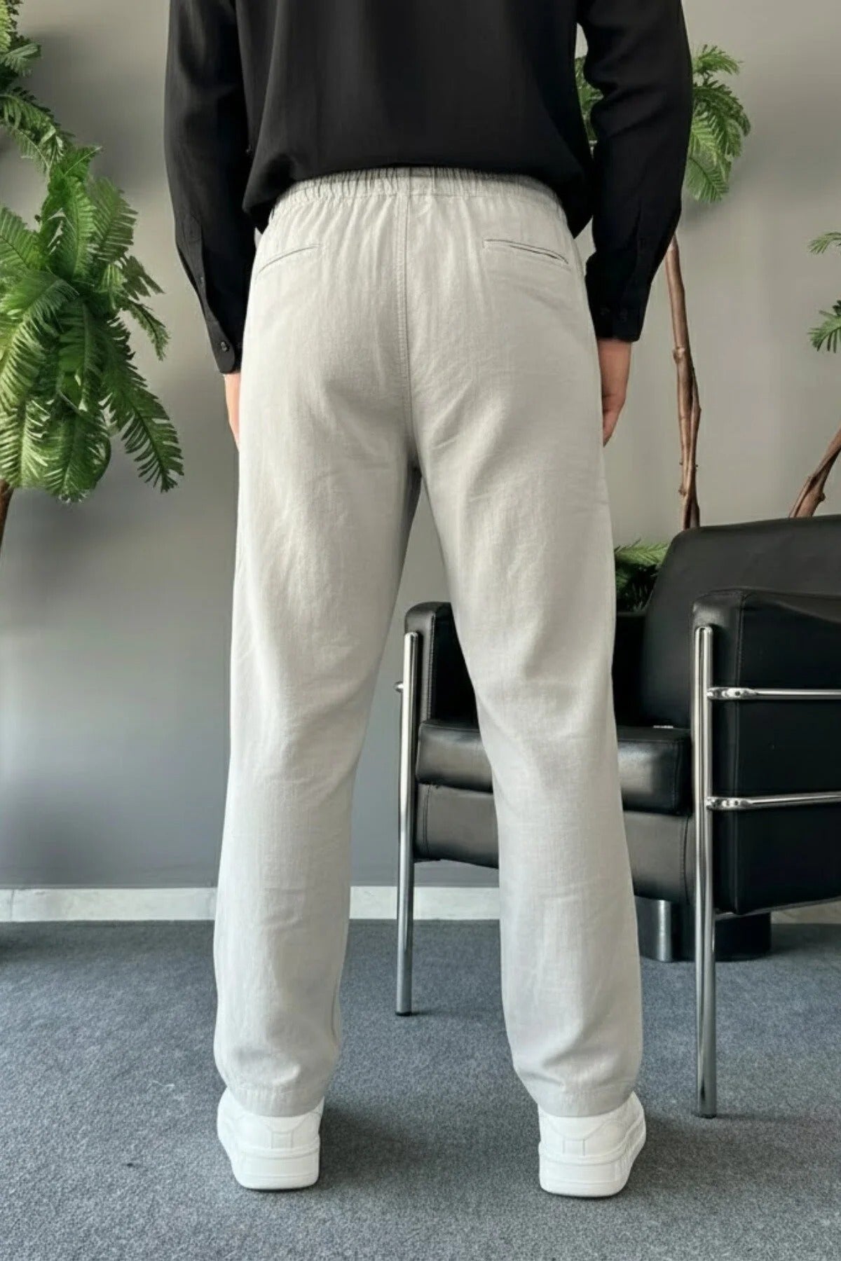 Erkek Rahat Gri Bol Keten Pantolon